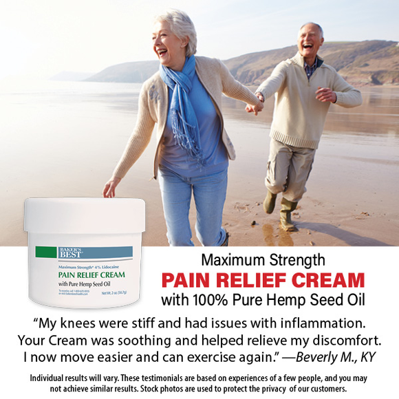 Baker's Best Maximum Strength Pain Relief Cream with Lidocaine and 100% Pure Hemp Seed Oil