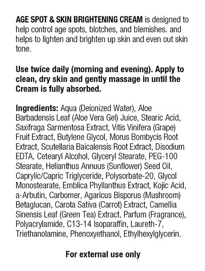 Baker's Best Age Spot and Skin Brightening Cream Ingredients and Directions